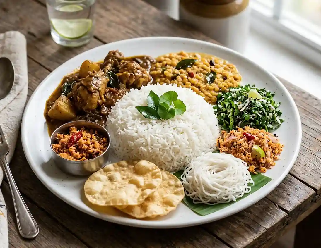 Sri Lankan lunch with rice and curry at Kaldeen Restaurant in Kalmunai